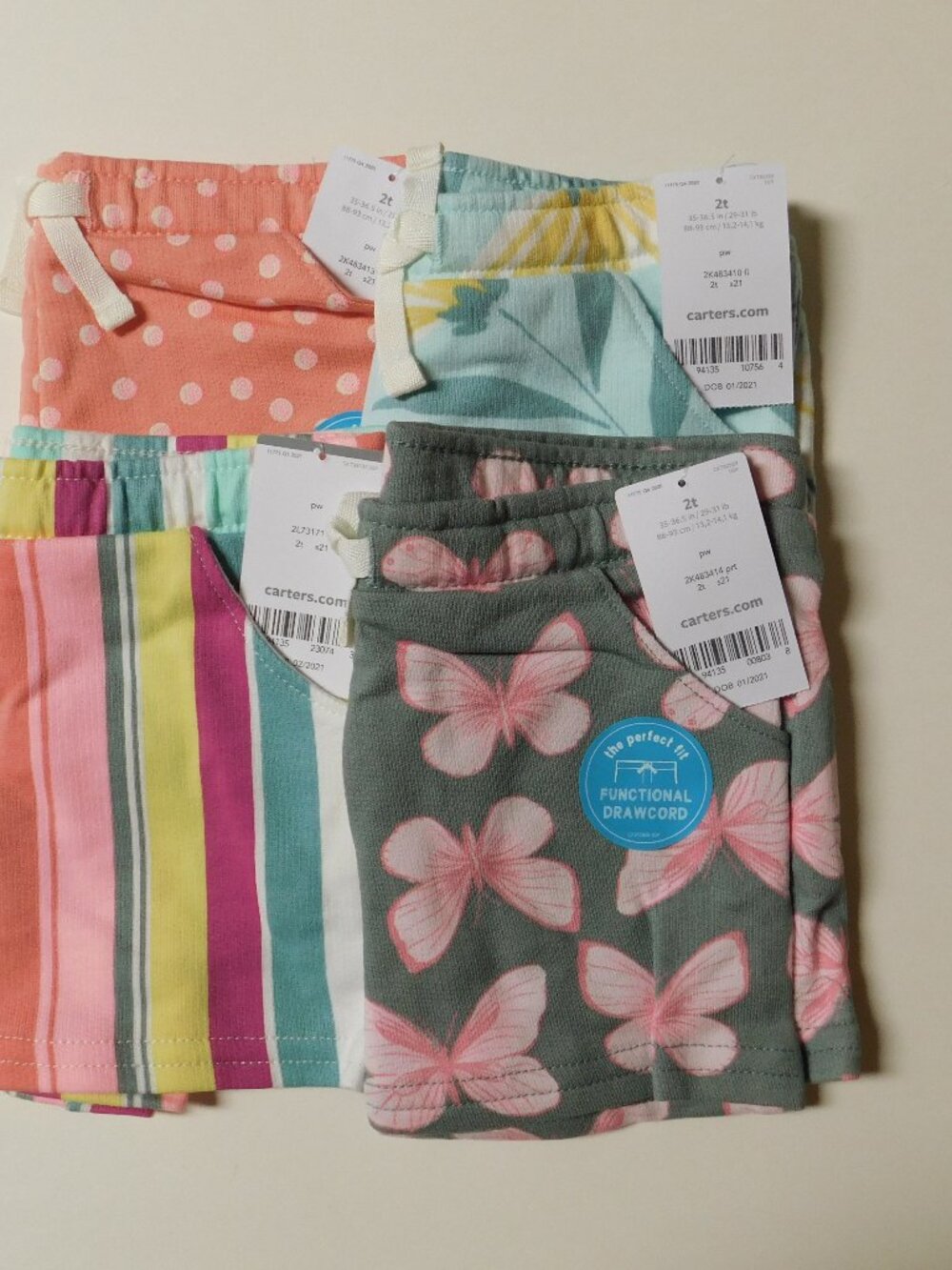 CARTER’S Lot of 4 Toddler Girls Pull-On Drawcord Shorts Multicolor 2T NEW